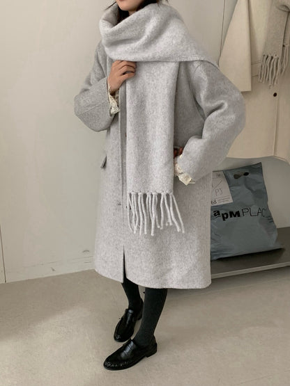 // 經典翻領口袋中長100%羊毛手工雙面外套(連頸巾)￼