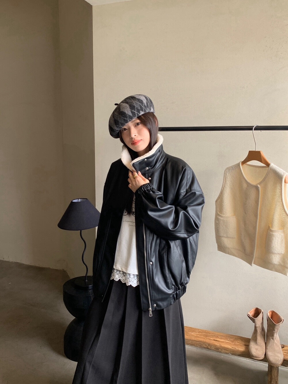 // 甜酷風毛毛領夾棉皮外套