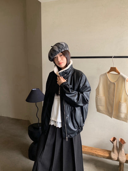 // 甜酷風毛毛領夾棉皮外套