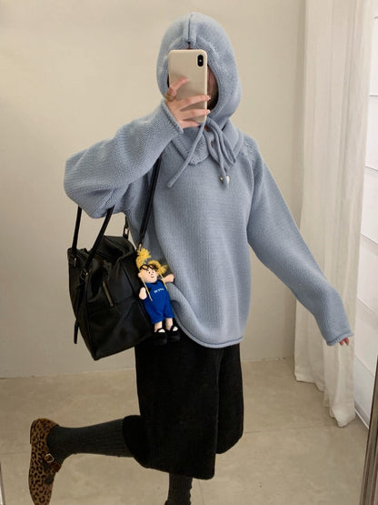 // 棉感卷邊圓領連鈕扣帽毛衣