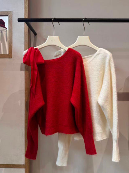 // 斜肩lace綁帶毛衣