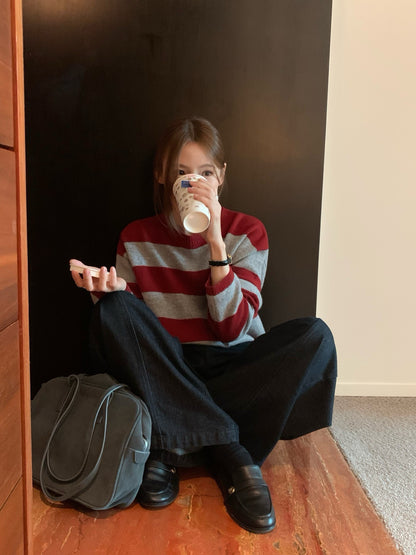 // 撞色粗間條100%羊毛圓領毛衣