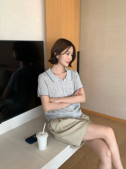 // 復古法式鏤空鈎花撞色包邊短袖NT