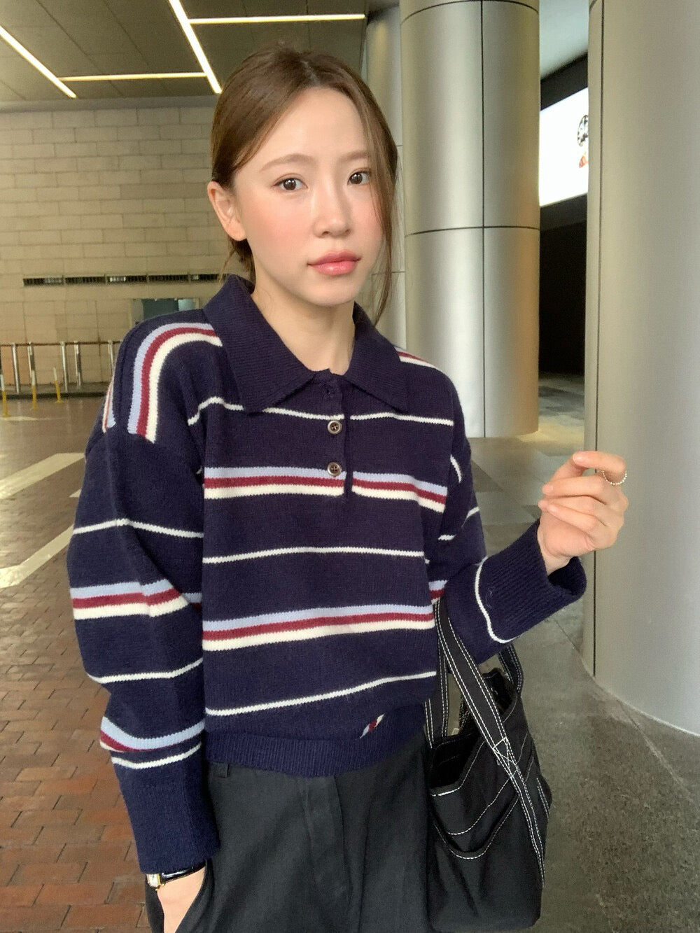 // 鈕扣polo翻領拼間針織NT