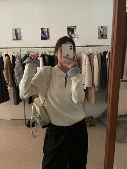 // 極簡風拼接間條恤衫假兩件翻領NT