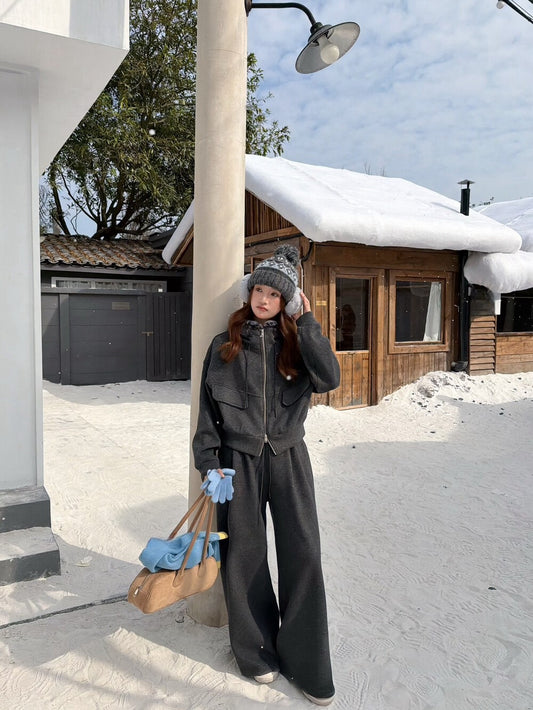 // 連毛毛帽加絨拉鍊外套+橡筋褲套裝