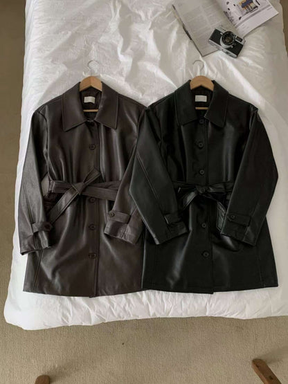 // 連腰帶中長款翻領啞光彷皮外套
