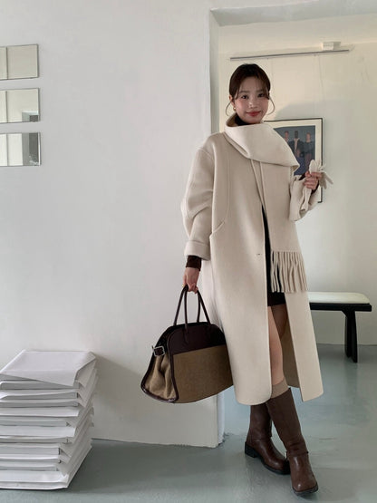 // 100%wool簡約圓領手工雙面長外套(連頸巾)