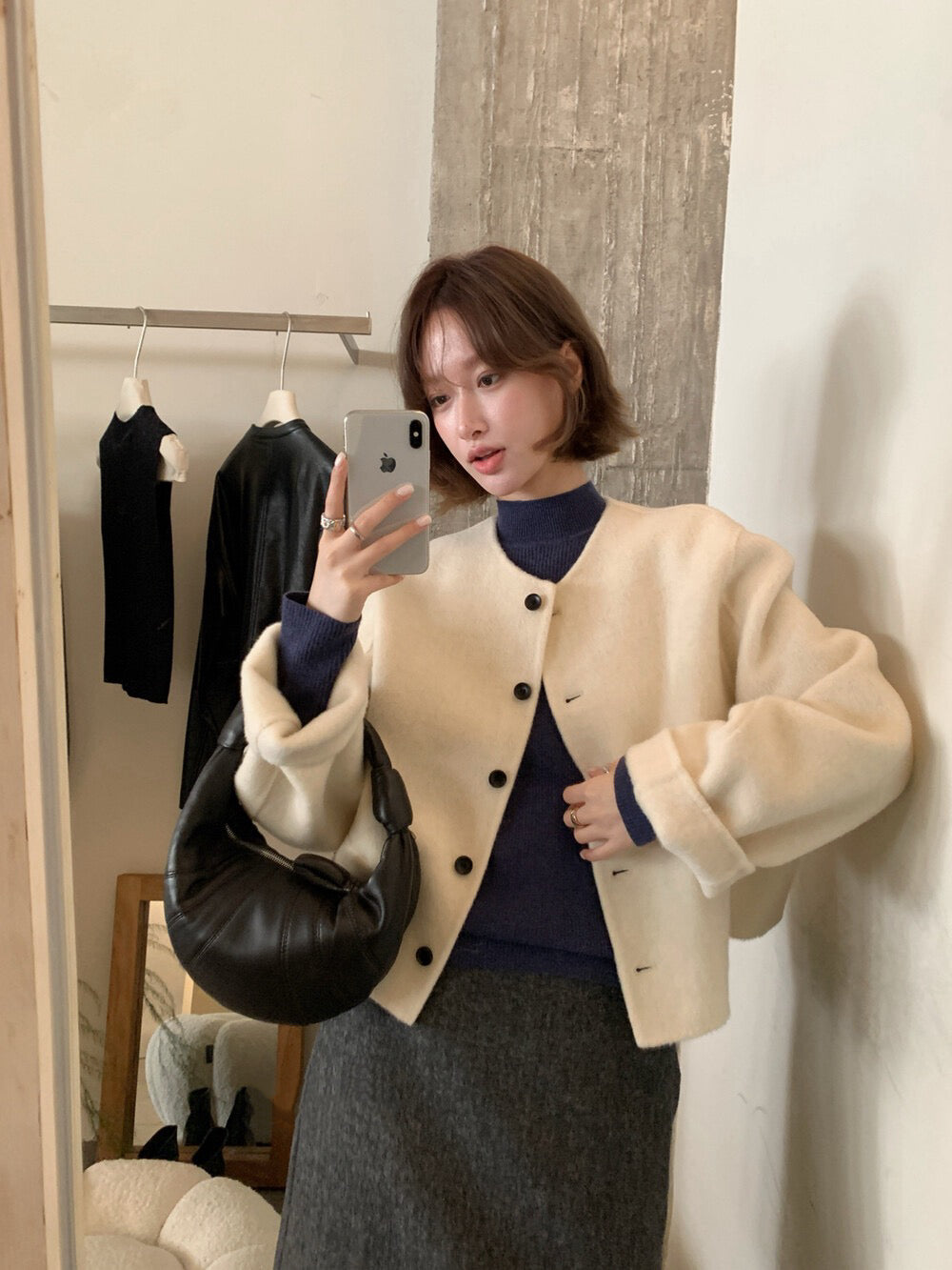 // 100%羊毛簡約圓領小口袋雙面羊毛手工外套