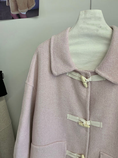 // 100%羊毛大口袋牛角鈕雙面手工長外套