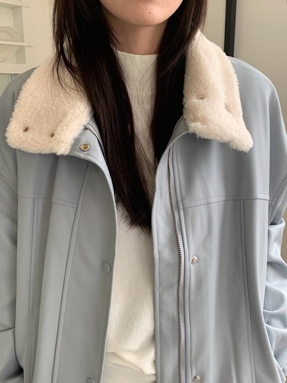 // 甜酷風毛毛領夾棉皮外套