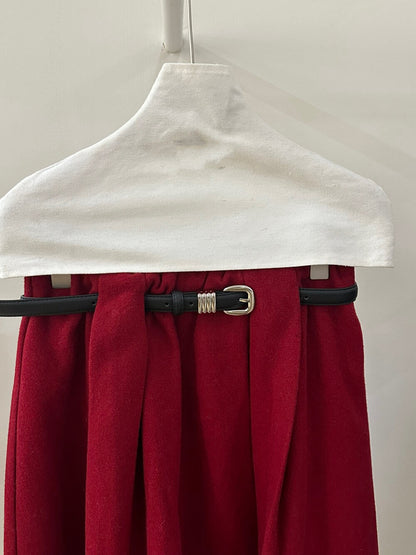 // 裙頭位超美拼接百褶腳50%羊毛中裙