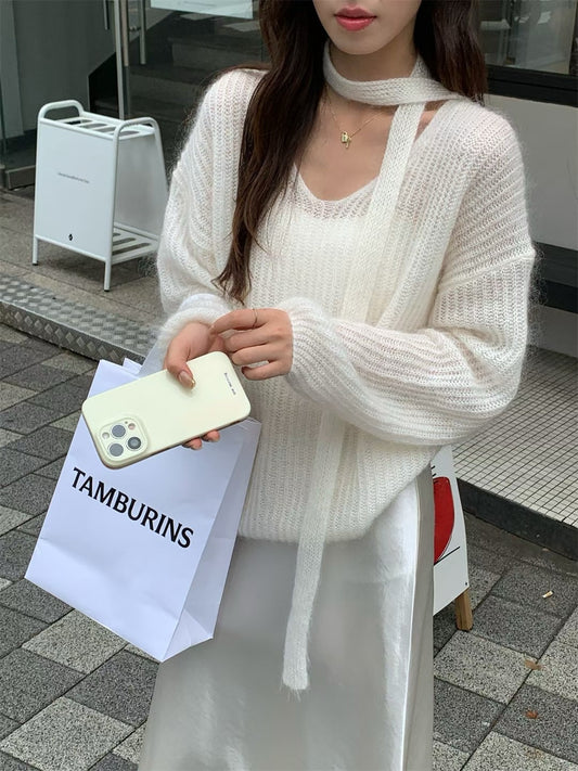 // 連領帶fine mohair針織上衣