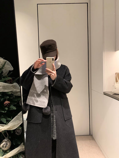 // 70%綿羊毛簡約插肩V領長款手工羊毛外套(連頸巾)