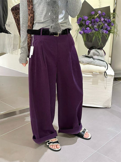 // 連絨面腰帶壓褶燈芯絨褲