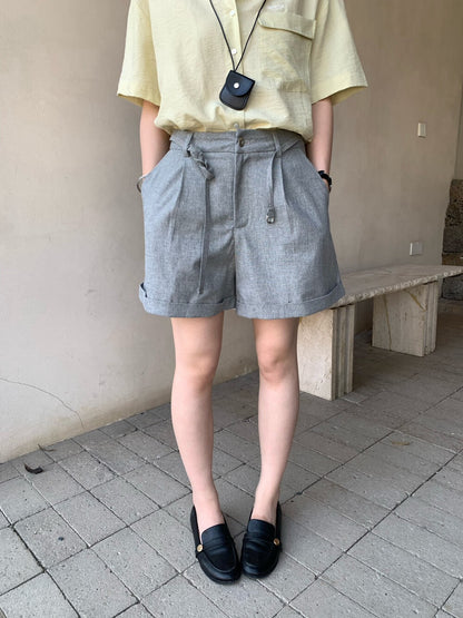// 棉麻反褶腳連腰繩短裙