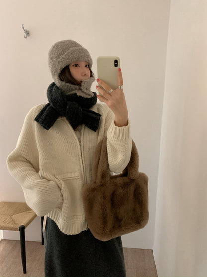 // 大口袋翻領粗棒織拉鍊CD