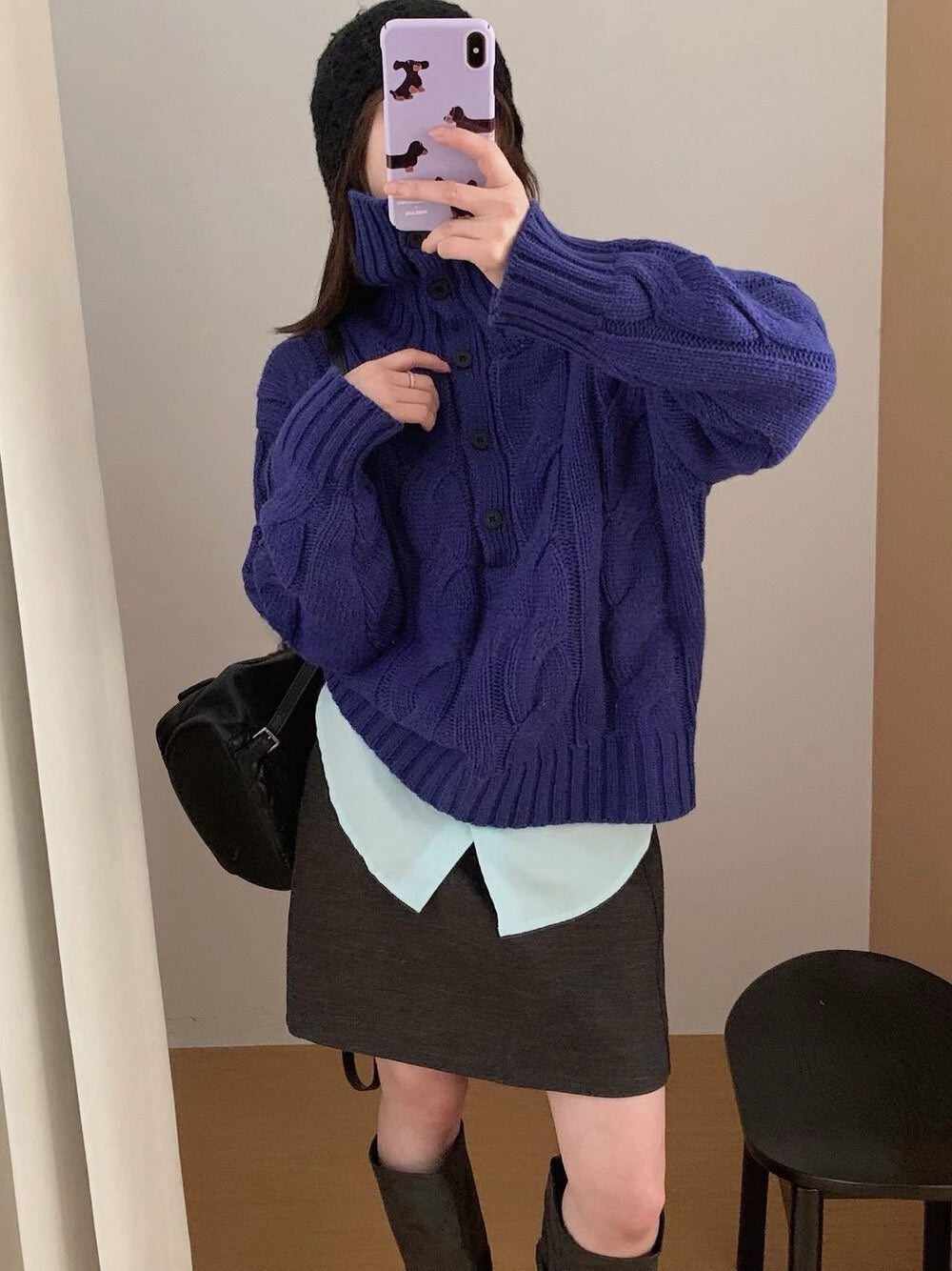 // 30%羊毛可立領鈕扣麻花毛衣