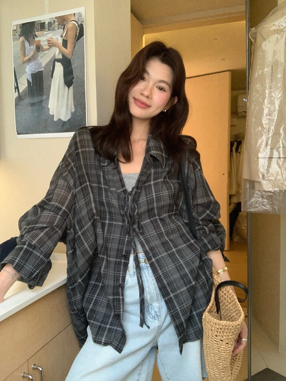 // 兩穿復古感格紋寬鬆恤衫