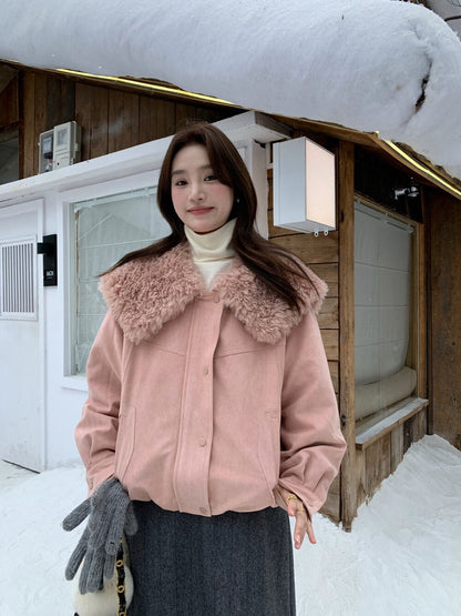 // 設計感毛毛大翻領夾棉短款JK