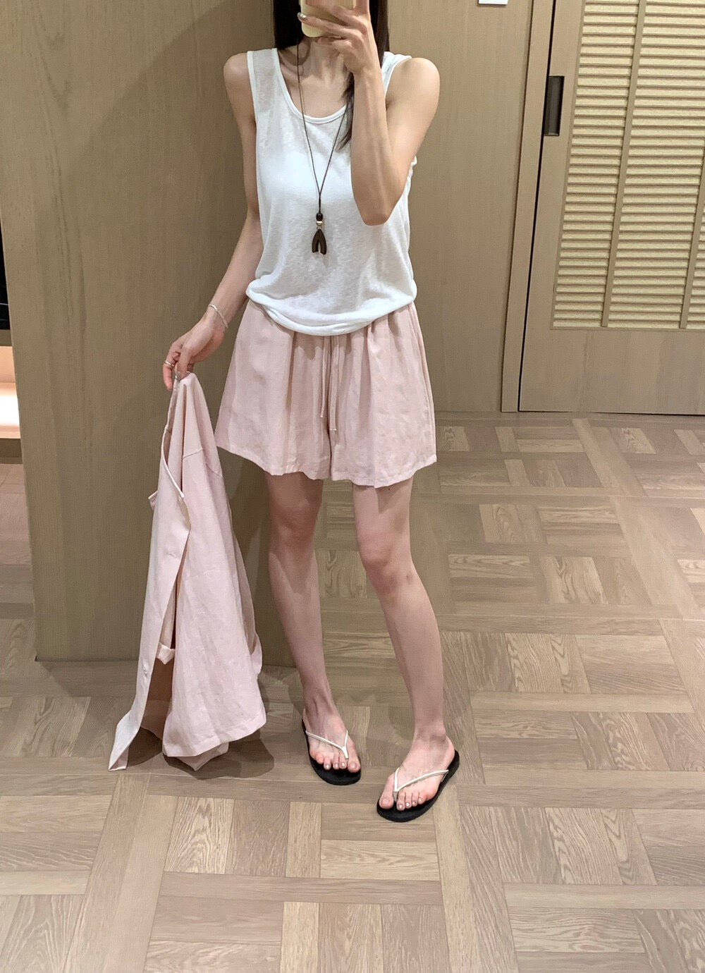 S25 / 輕薄棉麻反褶袖開胸上衣+背心+短褲三件套
