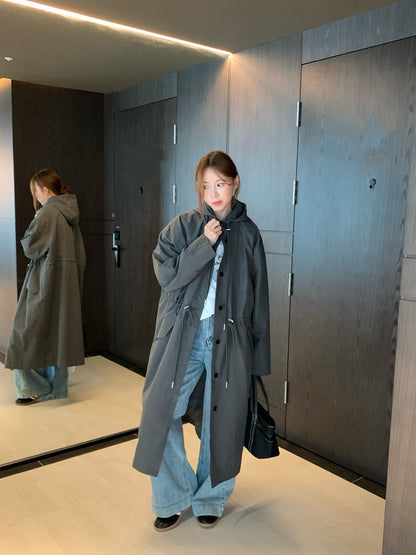 // 可束腰帥氣連帽長外套