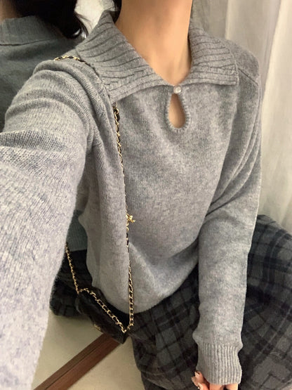 // 100%綿羊毛小鈕扣鏤空翻領NT