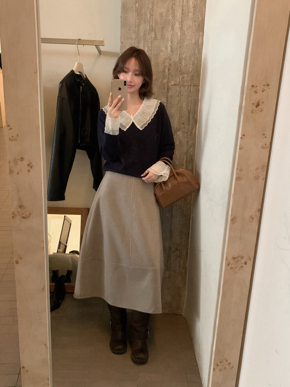 // 拼接花邊lace領+袖混羊毛NT