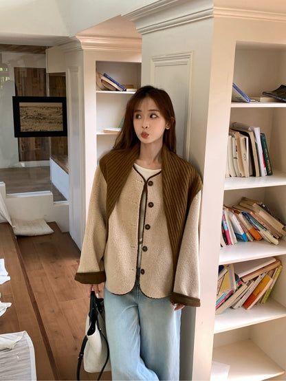 // 連披肩弧邊羊羔毛外套