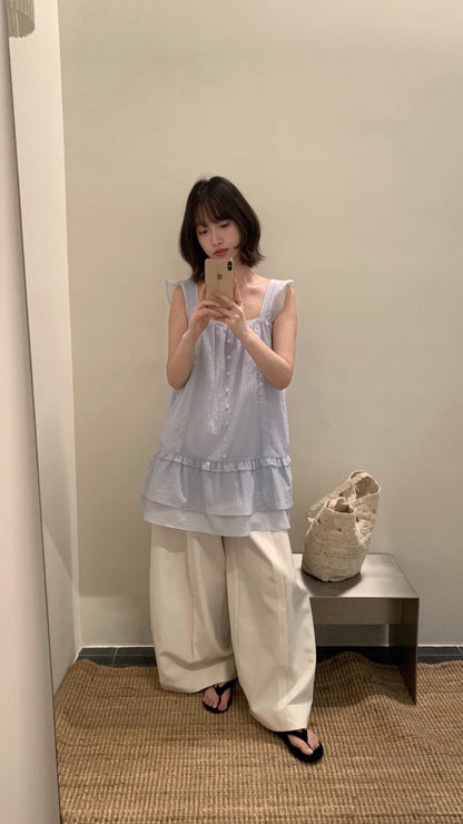 // 超美拼接lace鈕扣荷葉邊肩帶背心