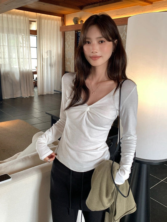 B51 / 小性感褶褶設計彈性長袖TEE