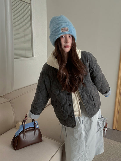 // 30%羊毛袖口拼接燈芯絨菱格夾棉外套