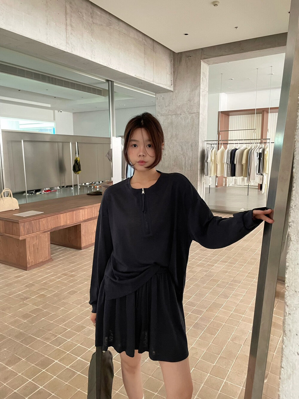 // 慵懶休閒風lyocell麻半拉鍊TEE+裙套裝