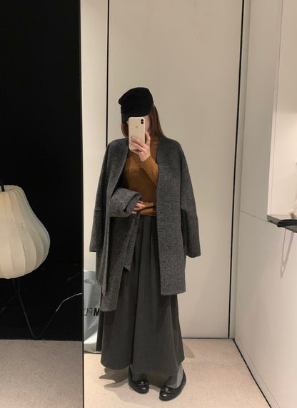 // 連腰包高品質毛呢壓褶中裙