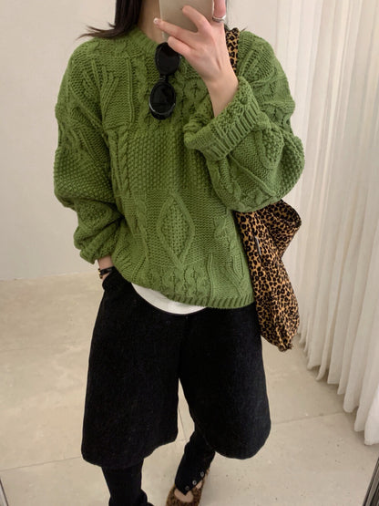 // 超美麻花織紋圓領套頭毛衣