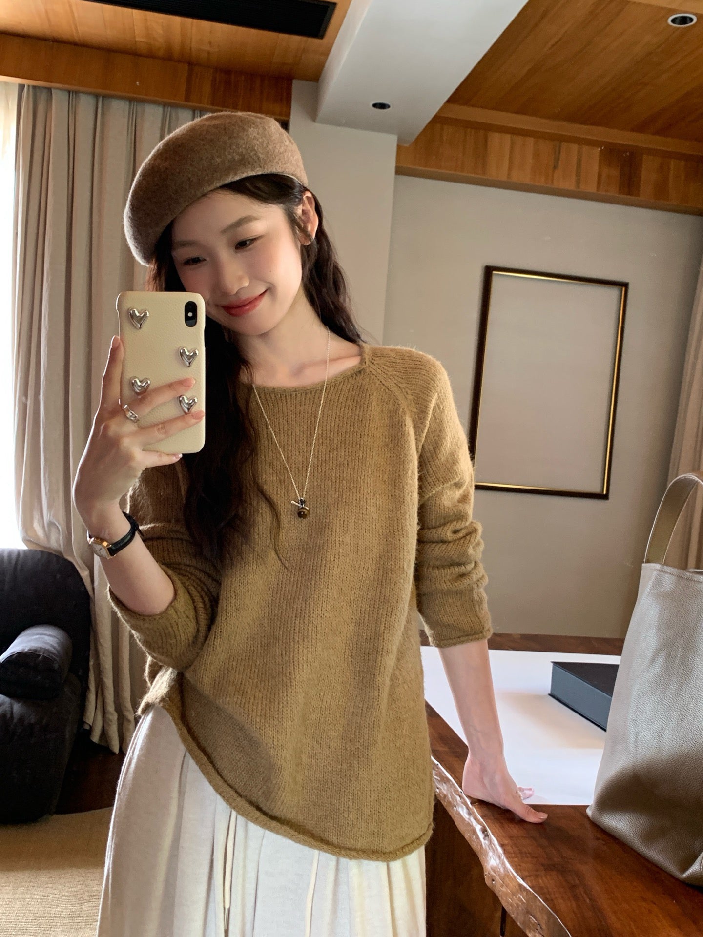 // 超美色系慵懶落肩針織上衣