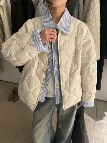 // 特別款菱格90%duck down拼接假兩件外套