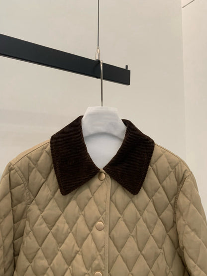 // 高品質拼燈芯絨領菱格薄夾棉外套