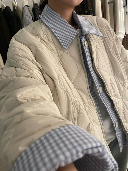 // 特別款菱格90%duck down拼接假兩件外套
