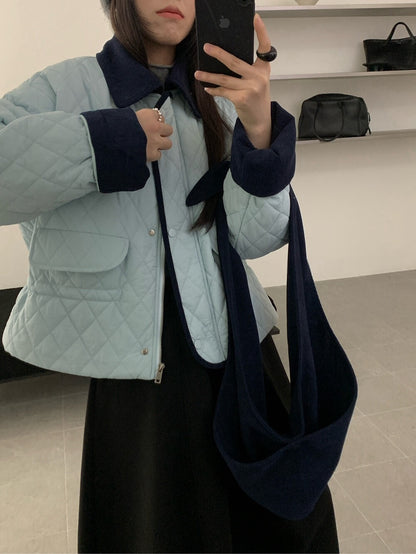 // 撞色包邊拼燈芯絨領可束腰菱格夾棉短外套(帽子可拆)