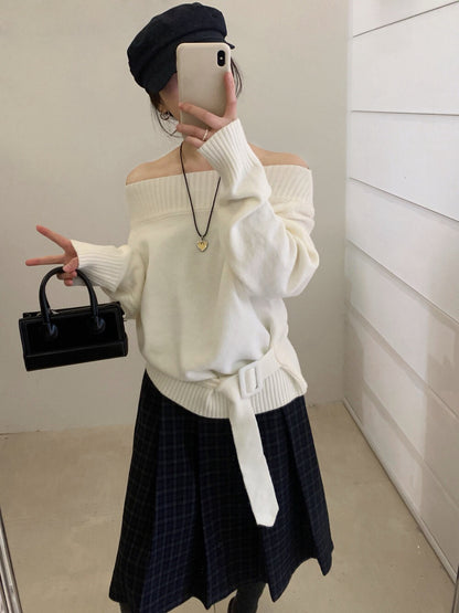 // 一字肩斜肩連腰帶NT