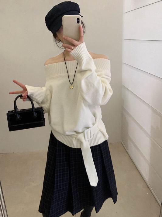 // 一字肩斜肩連腰帶NT