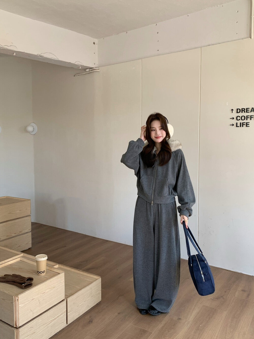 // 毛毛領衛衣外套+休閒褲套裝