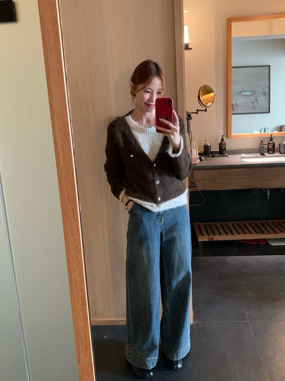 // 10%wool質感不規則鈕扣假兩件毛衣