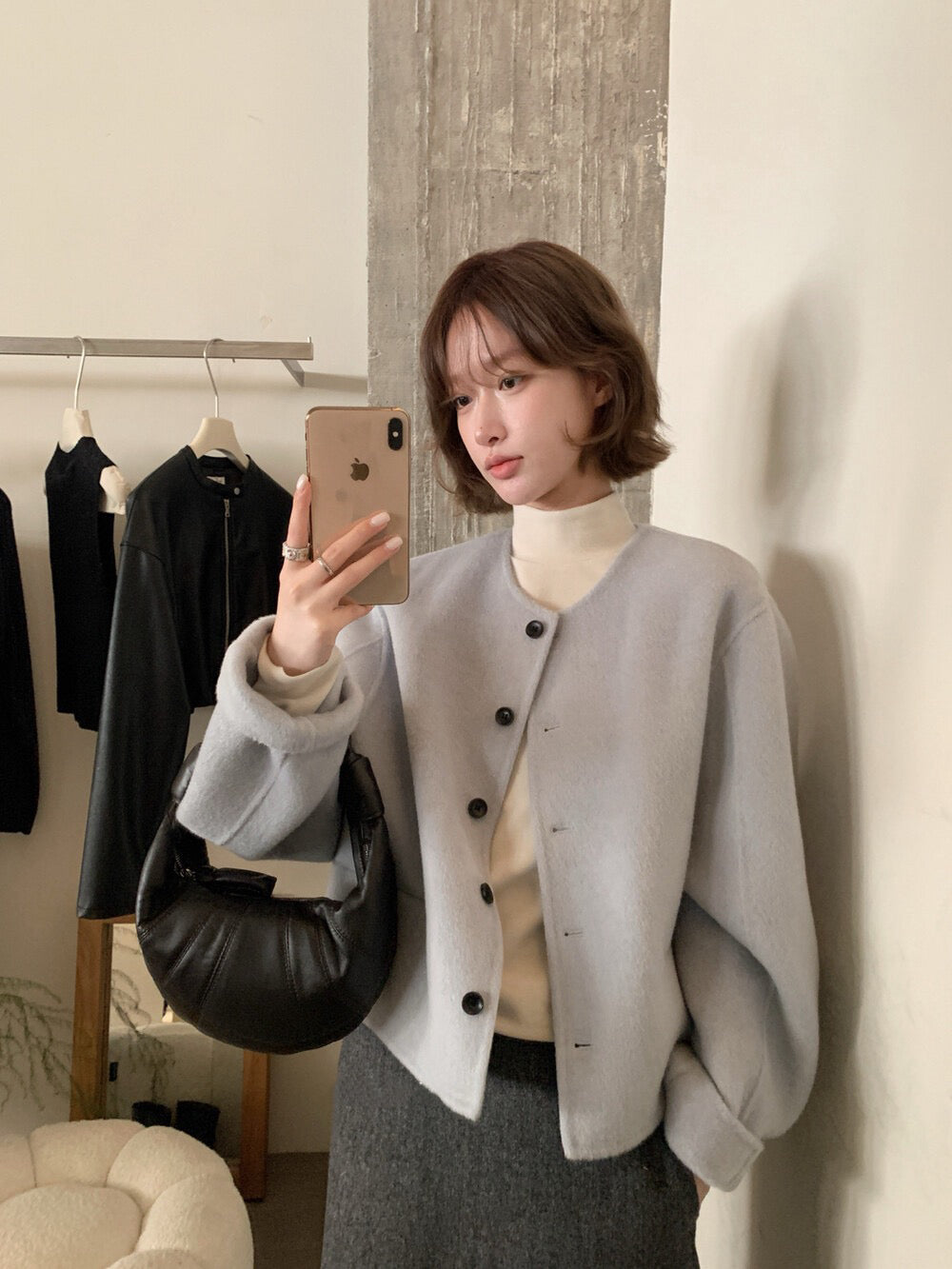 // 100%羊毛簡約圓領小口袋雙面羊毛手工外套