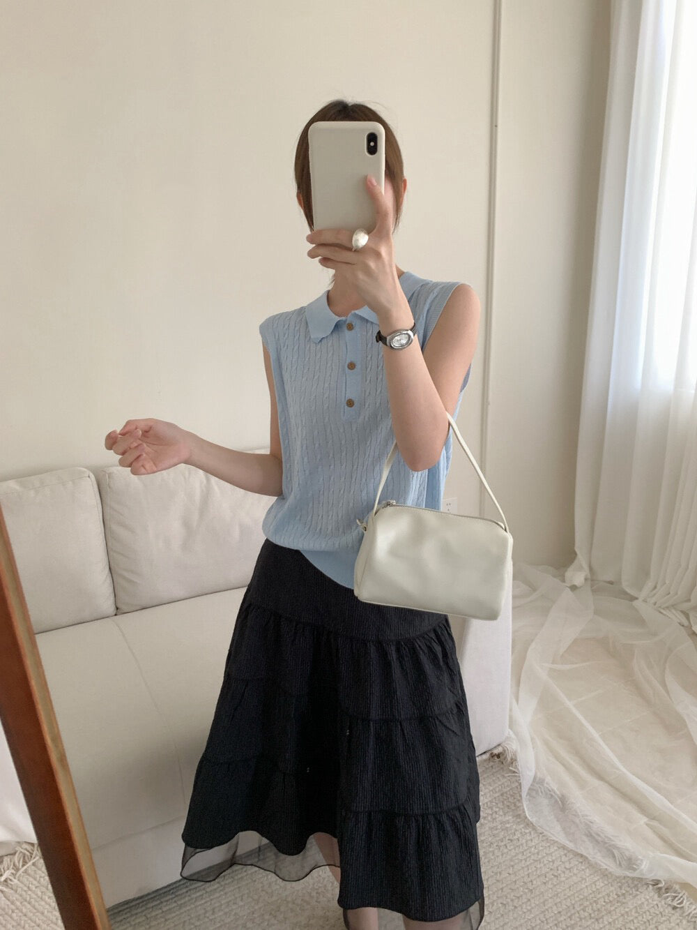 // 天絲麻透氣麻花polo背心針織