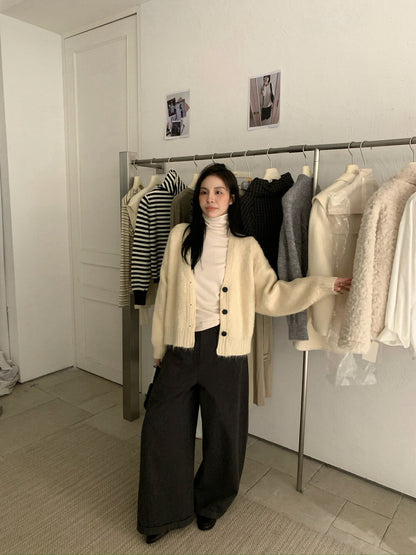 // 復古鈕扣邊拉絨V領CD