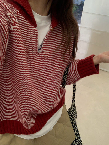 // 設計感撞色領一粒鈕細間條毛衣