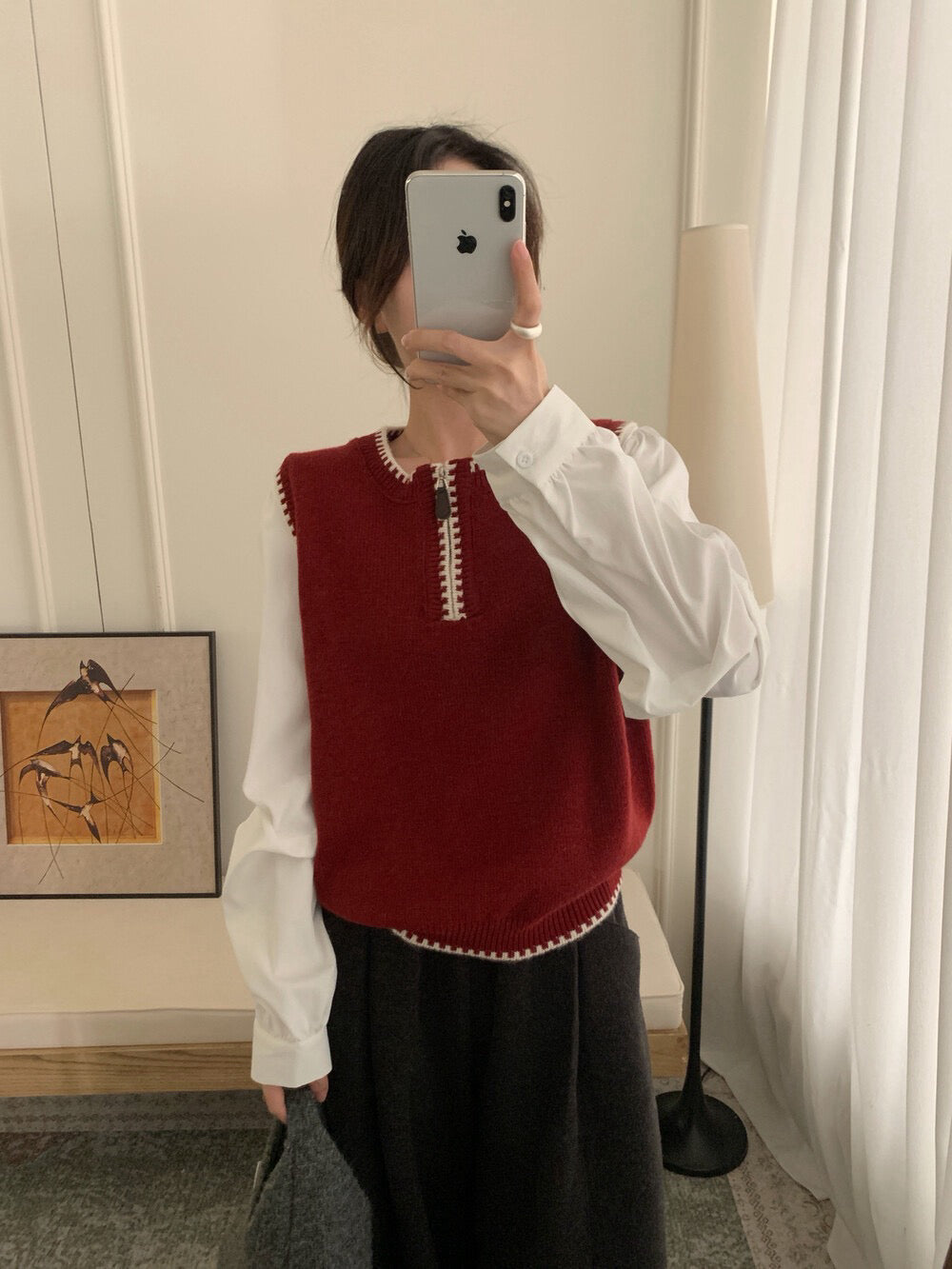 // 柔軟撞色邊拼恤衫袖假兩件上衣