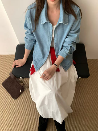 (現貨) // 簡約cutting翻領拉鍊牛仔外套